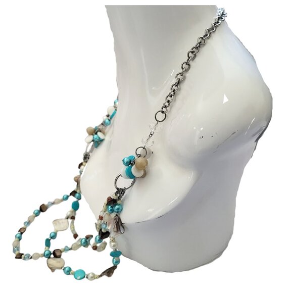 Mother Of Pearl Blue & White Beaded Oyster Shell Necklace 16" - Picture 4 of 10